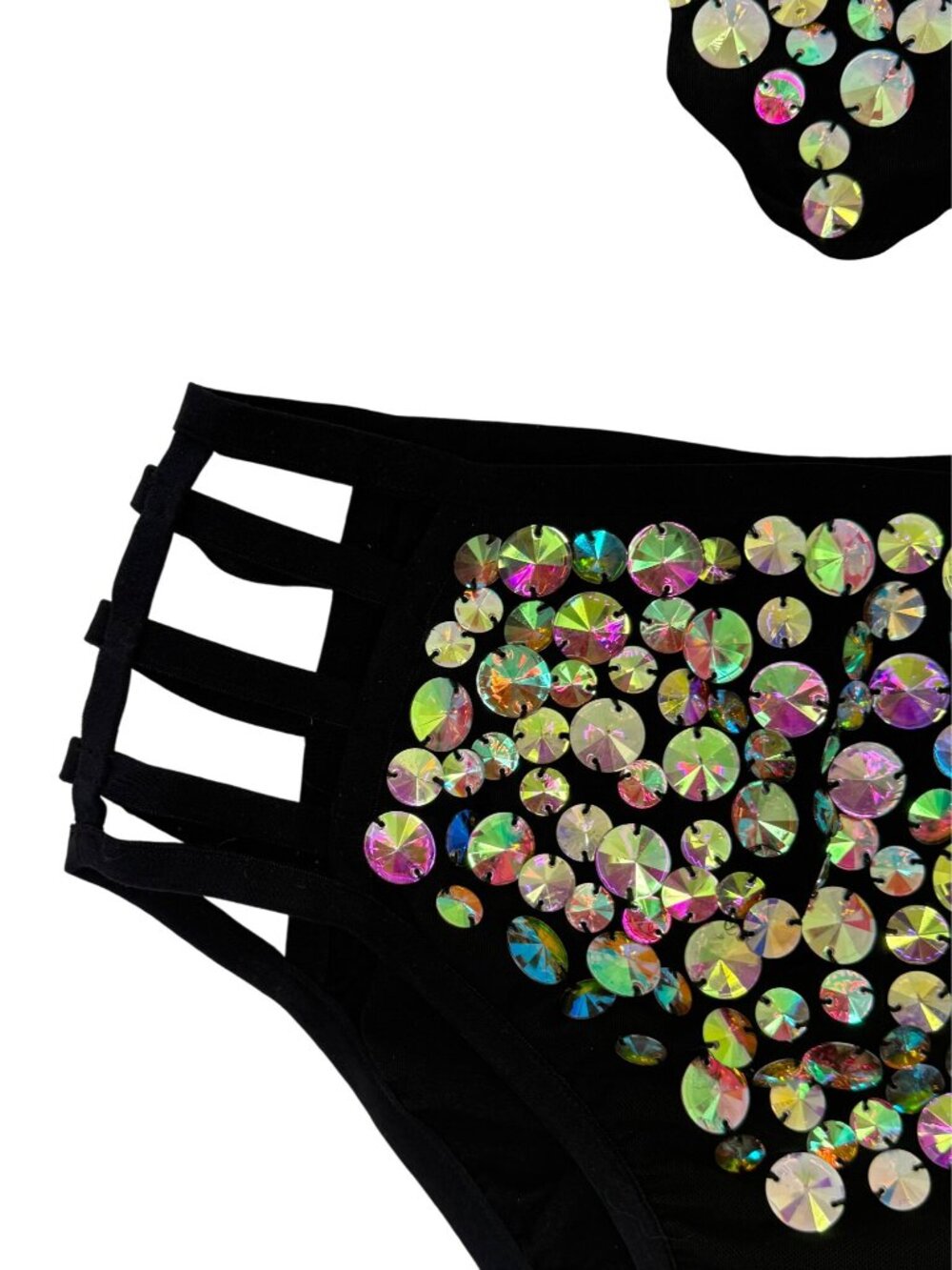 I Heart Raves 2 Piece Black Holographic Caged Halter Top & Bottoms Set| Festival - Picture 6 of 16